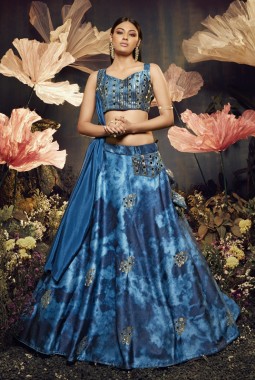 Blue Velvet Sequins Embroidery Wedding Lehenga Choli