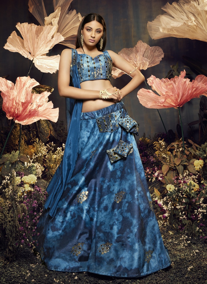 Blue Velvet Sequins Embroidery Wedding Lehenga Choli