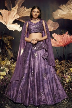 Purple Velvet Mirror Work Wedding Lehenga Choli