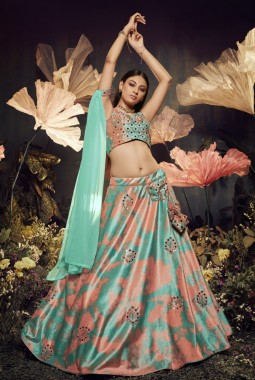 Turquoise Orange Velvet Embroidery Wedding Lehenga Choli