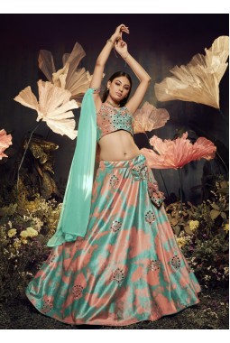 Turquoise Orange Velvet Embroidery Wedding Lehenga Choli