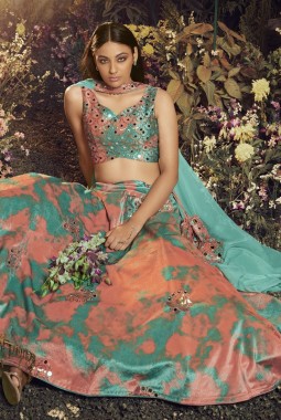 Turquoise Orange Velvet Embroidery Wedding Lehenga Choli