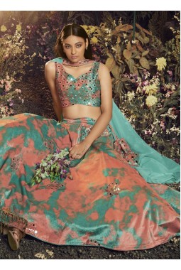 Turquoise Orange Velvet Embroidery Wedding Lehenga Choli