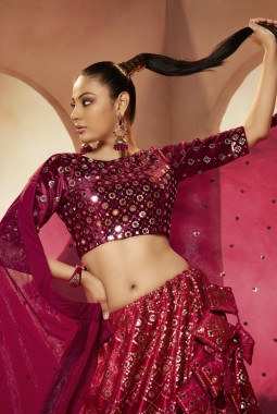 Magenta Velvet Mirror Work Wedding Lehenga Choli