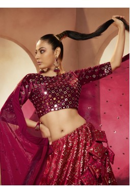 Magenta Velvet Mirror Work Wedding Lehenga Choli