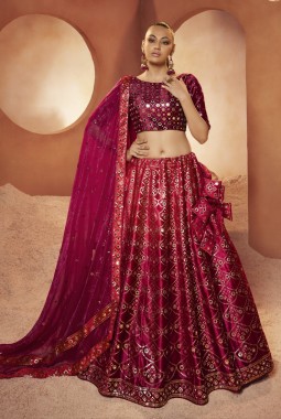 Magenta Velvet Mirror Work Wedding Lehenga Choli