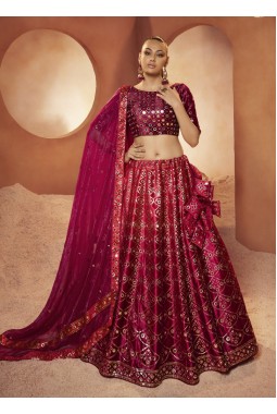 Magenta Velvet Mirror Work Wedding Lehenga Choli