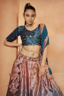 Teal Blue Velvet Embroidery Wedding Lehenga Choli