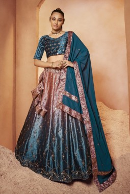 Teal Blue Velvet Embroidery Wedding Lehenga Choli