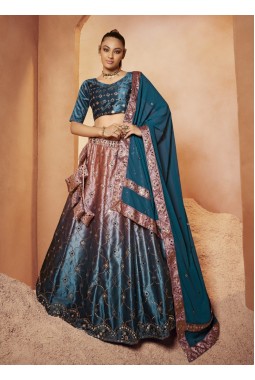 Teal Blue Velvet Embroidery Wedding Lehenga Choli