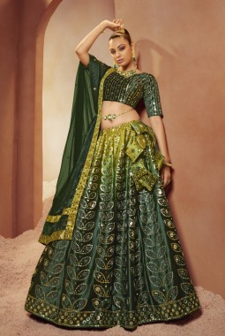 Green Velvet Mirror Work Wedding Lehenga Choli