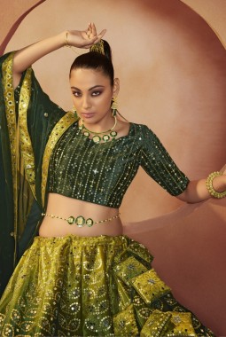 Green Velvet Mirror Work Wedding Lehenga Choli
