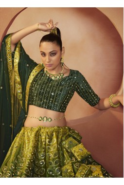 Green Velvet Mirror Work Wedding Lehenga Choli