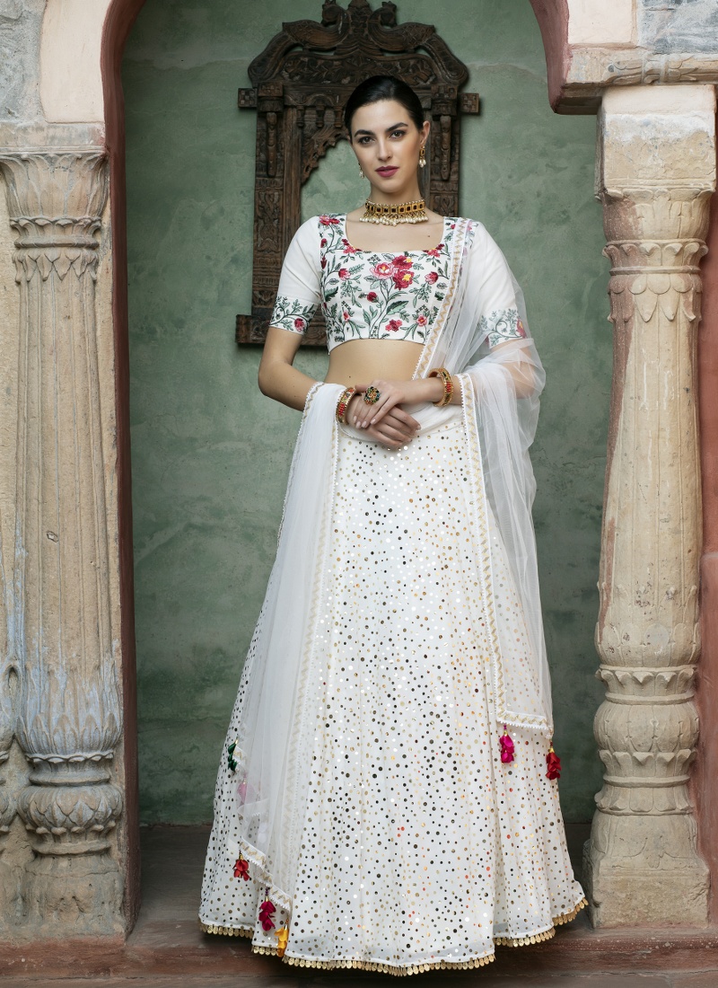 Georgette White Embroidered Wedding Lehengha Choli