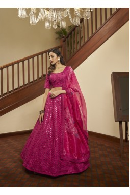 Deep Pink Thread Embroidered Wedding Lehenga Choli
