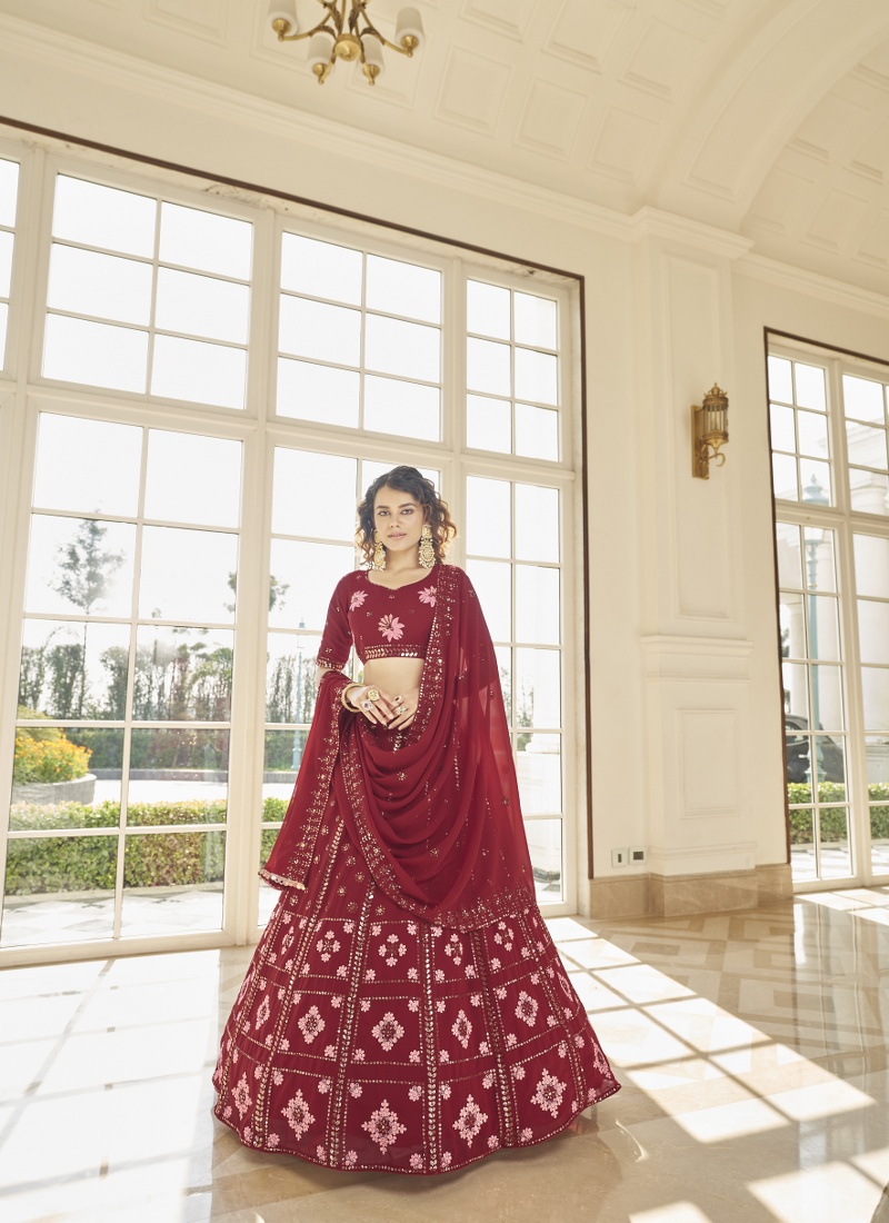 Red Georgette Embroidered Wedding Lehenga Choli