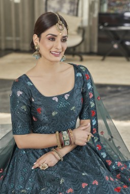 Teal Green Silk Multi Sequins Bridal Lehenga Choli