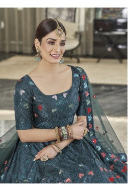 Teal Green Silk Multi Sequins Bridal Lehenga Choli