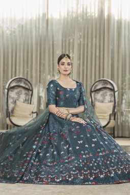 Teal Green Silk Multi Sequins Bridal Lehenga Choli