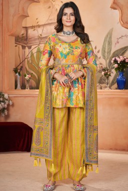 Yellow Silk Digital Print Navratri Salwar Kameez