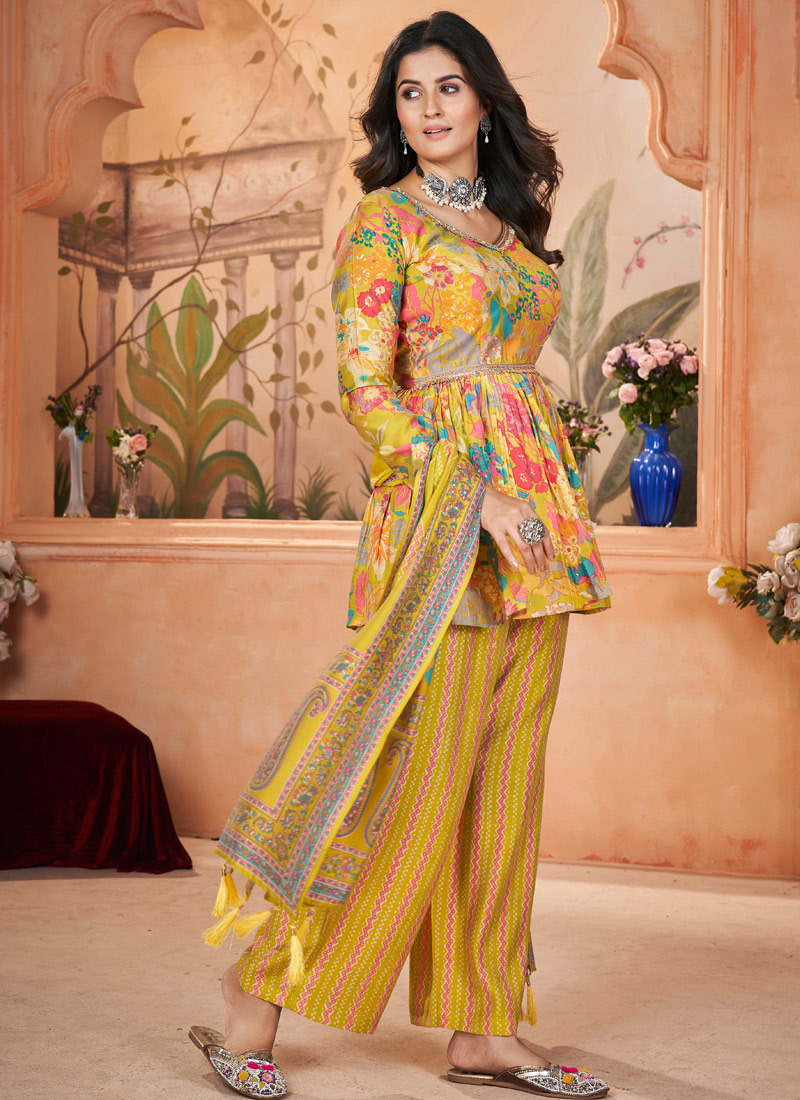 Yellow Silk Digital Print Navratri Salwar Kameez