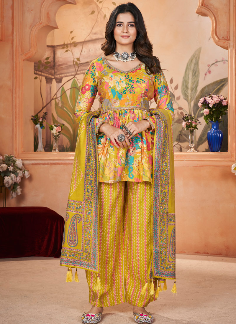 Yellow Silk Digital Print Navratri Salwar Kameez