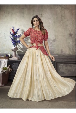 Off White Art Silk Sequins Party Wear Lehenga Choli
