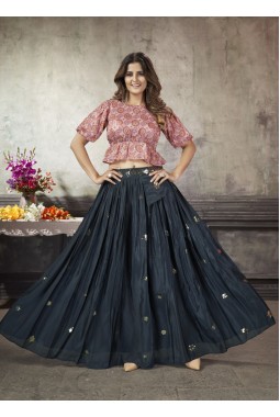 Navy Blue Art Silk Thread Embroidered Party Wear Lehenga Choli
