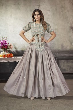 Beige Art Silk Thread Embroidery Skirt Top