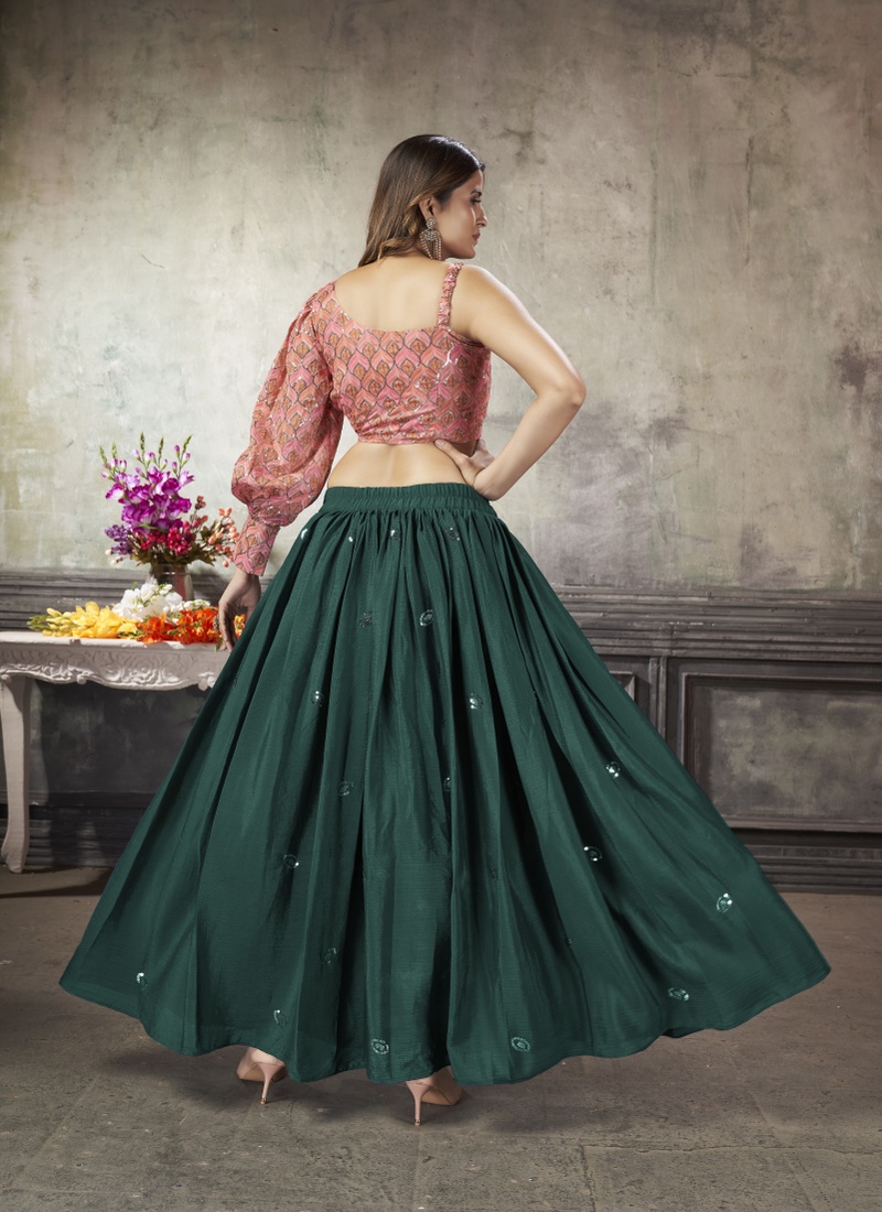 Green Art Silk Sequins Skirt Top