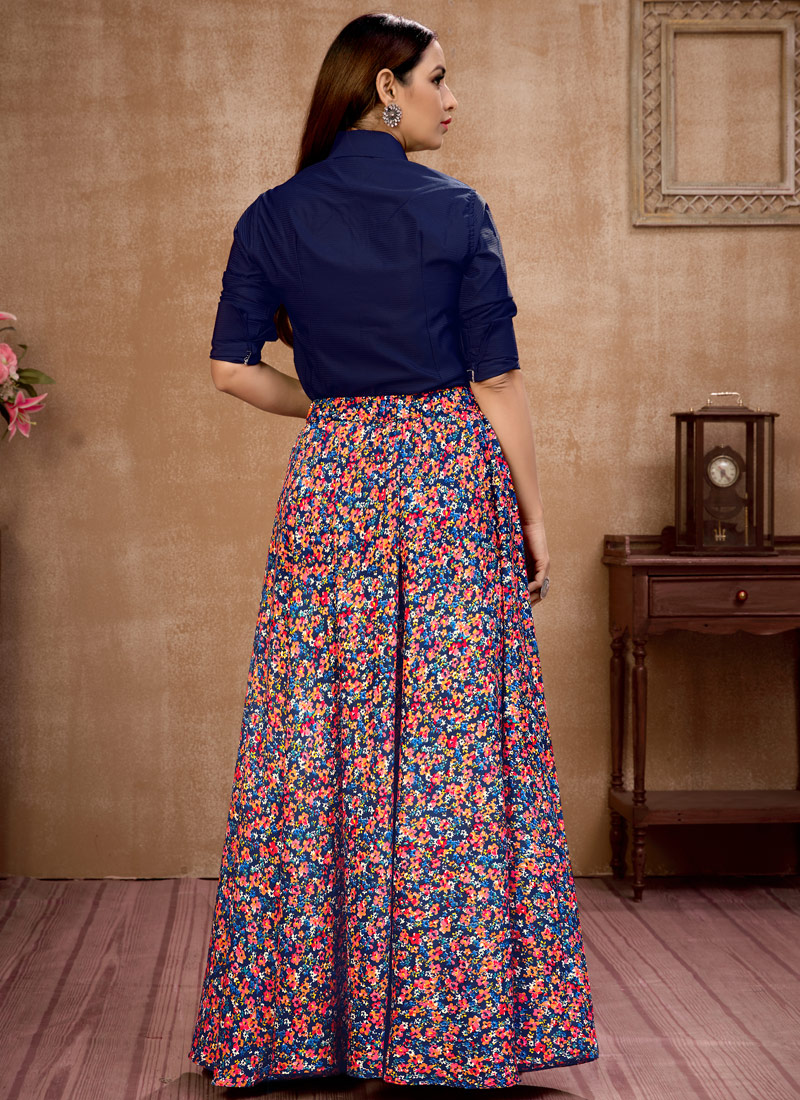 Elegant Navy Blue Silk Printed Navratri Skirt and Top Set A Festive Delight Elegant Navy Blue Silk Printed Navratri Skirt and Top Set A Festive Delight
