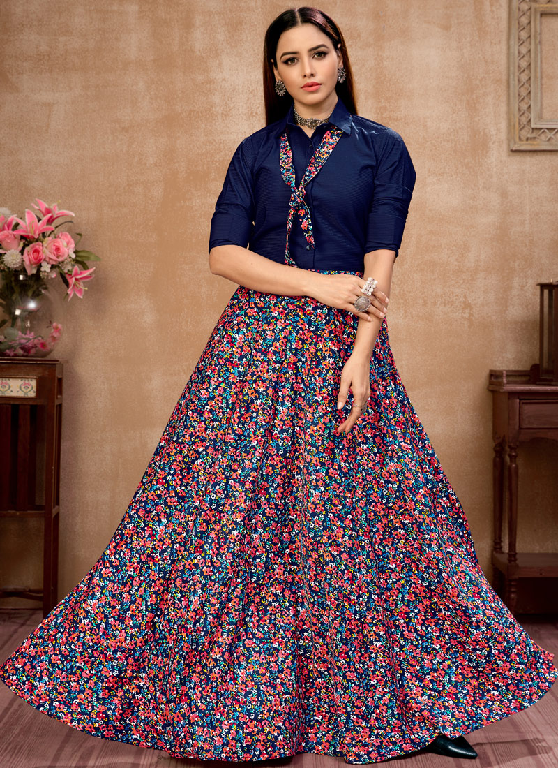 Elegant Navy Blue Silk Printed Navratri Skirt and Top Set A Festive Delight Elegant Navy Blue Silk Printed Navratri Skirt and Top Set A Festive Delight