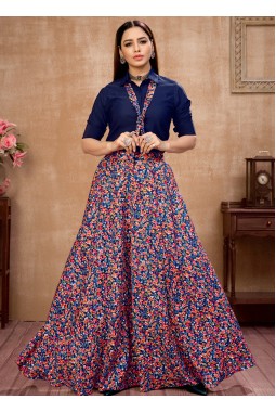 Elegant Navy Blue Silk Printed Navratri Skirt and Top Set A Festive Delight