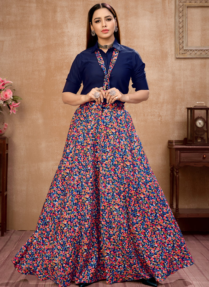 Elegant Navy Blue Silk Printed Navratri Skirt and Top Set A Festive Delight Elegant Navy Blue Silk Printed Navratri Skirt and Top Set A Festive Delight