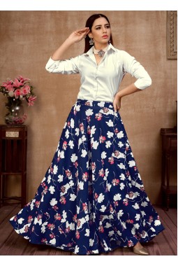Radiant Navy Blue Silk Printed Navratri Skirt and Top Ensemble Embrace the Festivities