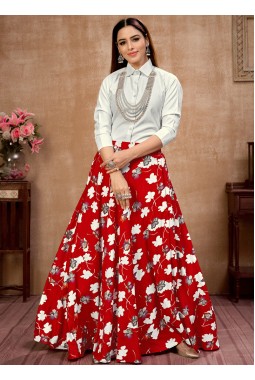 Vibrant Red Silk Printed Navratri Skirt and Top Set Celebrate in Elegance
