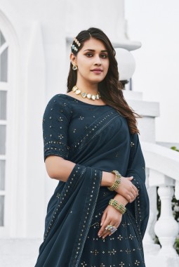 Teal Blue Georgette Thread Embroidery Wedding lehenga Choli