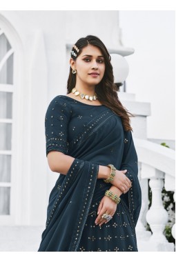 Teal Blue Georgette Thread Embroidery Wedding lehenga Choli