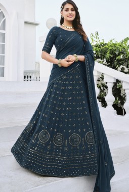 Teal Blue Georgette Thread Embroidery Wedding lehenga Choli