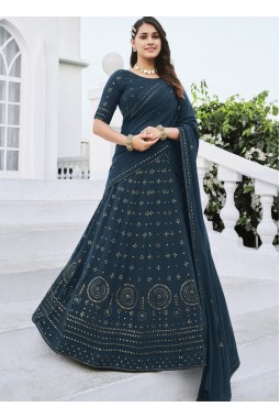 Teal Blue Georgette Thread Embroidery Wedding lehenga Choli