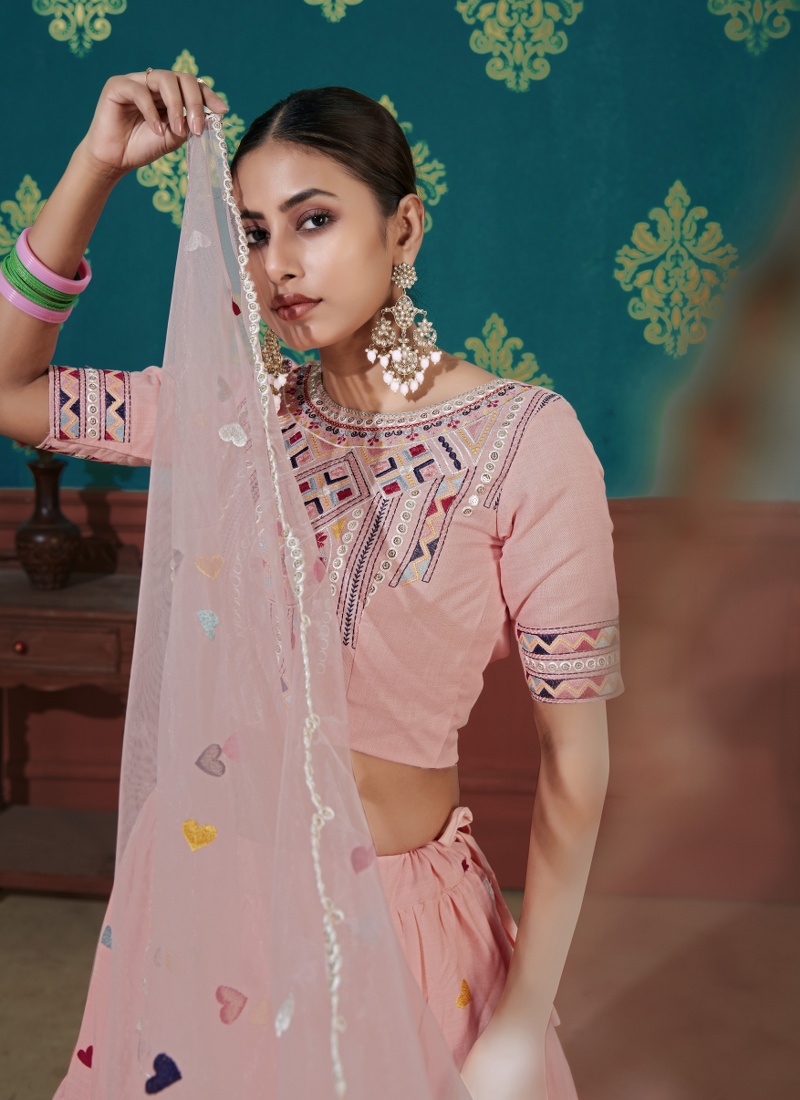 Pink Cotton Thread Embroidered Wedding Lehenga Choli