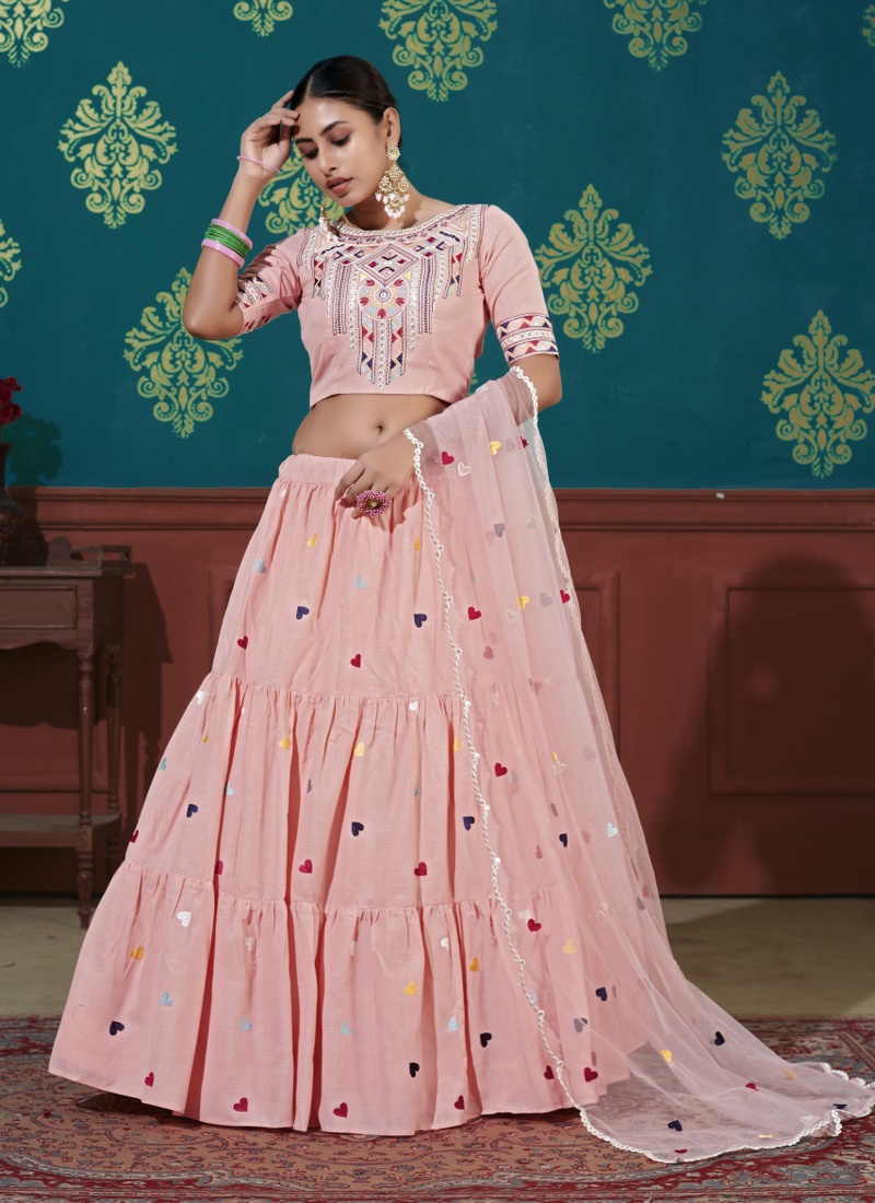 Pink Cotton Thread Embroidered Wedding Lehenga Choli