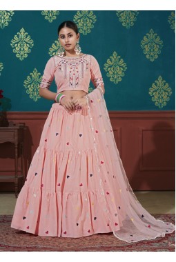 Pink Cotton Thread Embroidered Wedding Lehenga Choli
