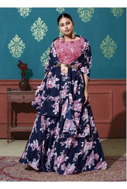 Navy Blue Silk Printed Work Wedding Lehenga Choli