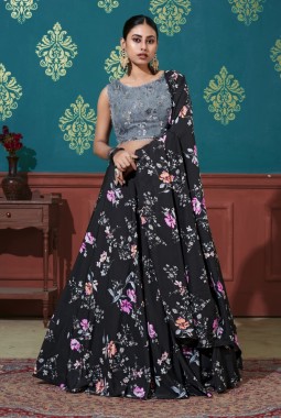 Black Silk Printed Work Wedding Lehenga Choli
