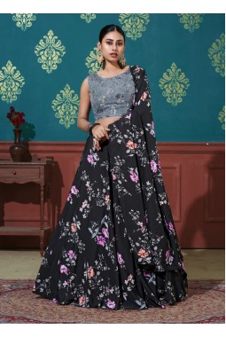 Black Silk Printed Work Wedding Lehenga Choli