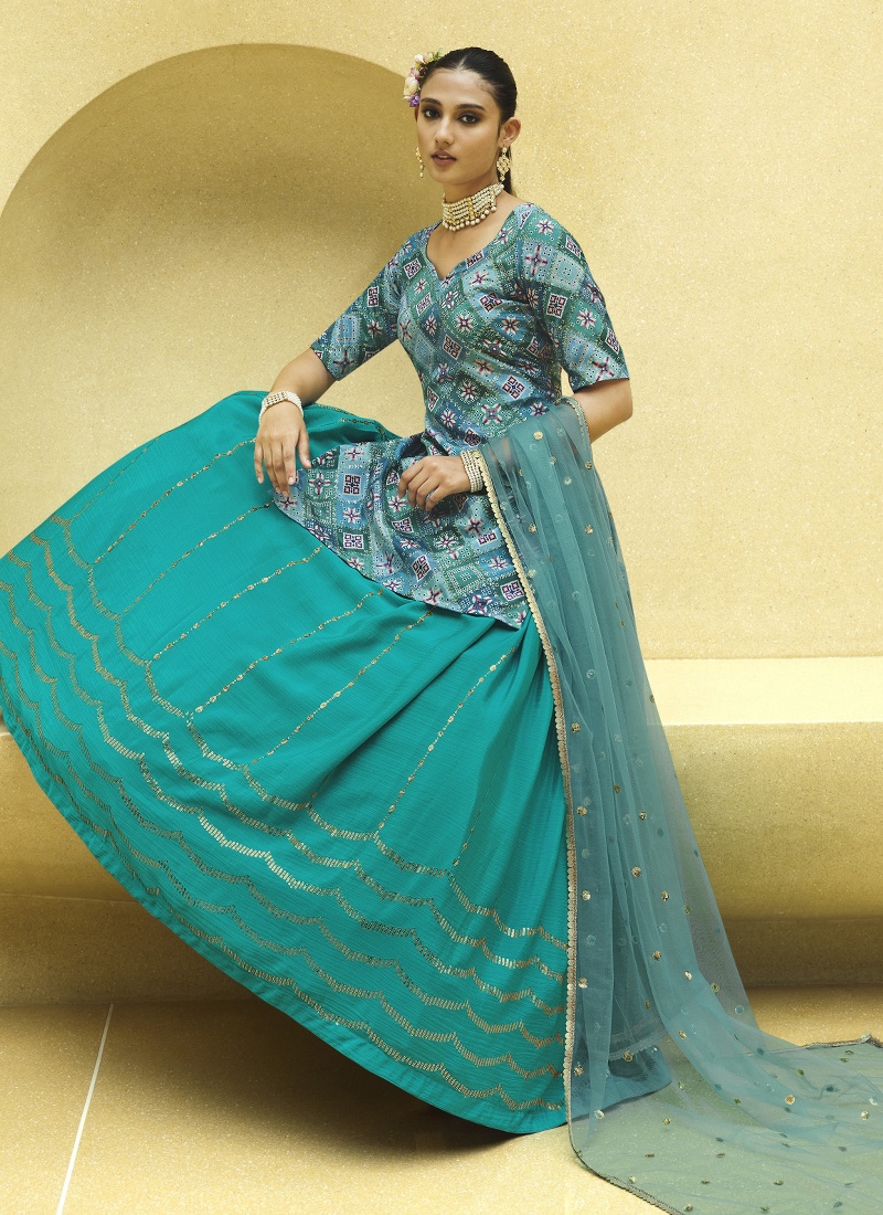 Turquoise Blue Chinon Silk Sequins Wedding Lehenga Choli
