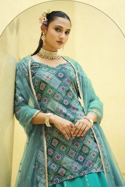Turquoise Blue Chinon Silk Sequins Wedding Lehenga Choli