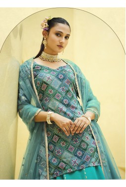 Turquoise Blue Chinon Silk Sequins Wedding Lehenga Choli