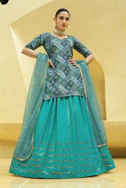 Turquoise Blue Chinon Silk Sequins Wedding Lehenga Choli